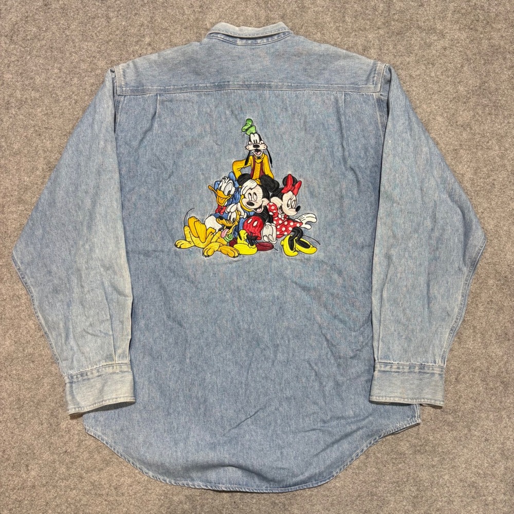 Vintage Disney Store Mickey Mouse Friends Embroidered Denim Shirt Mens Small